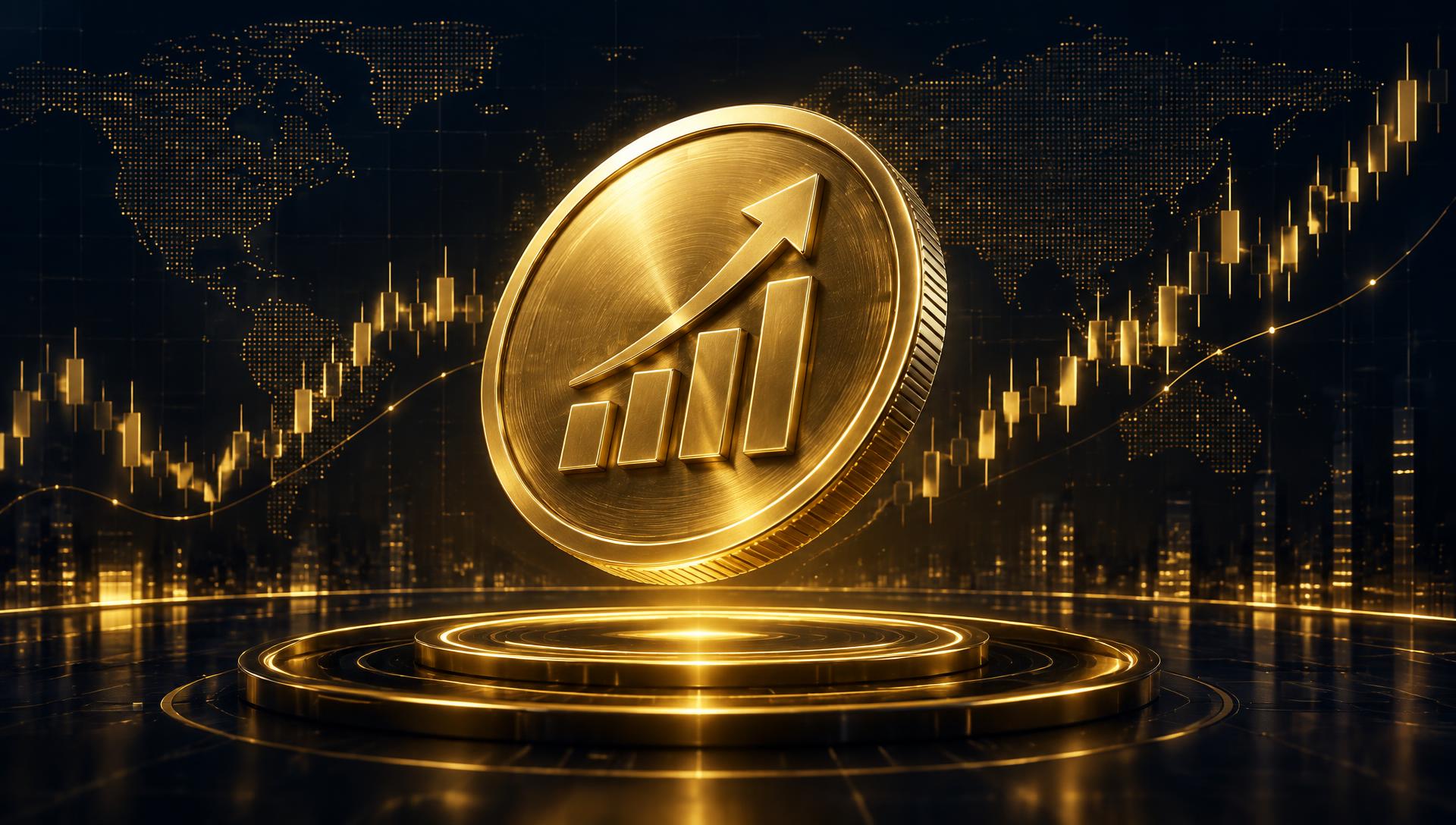 Gold investment coin rising above a global market chart