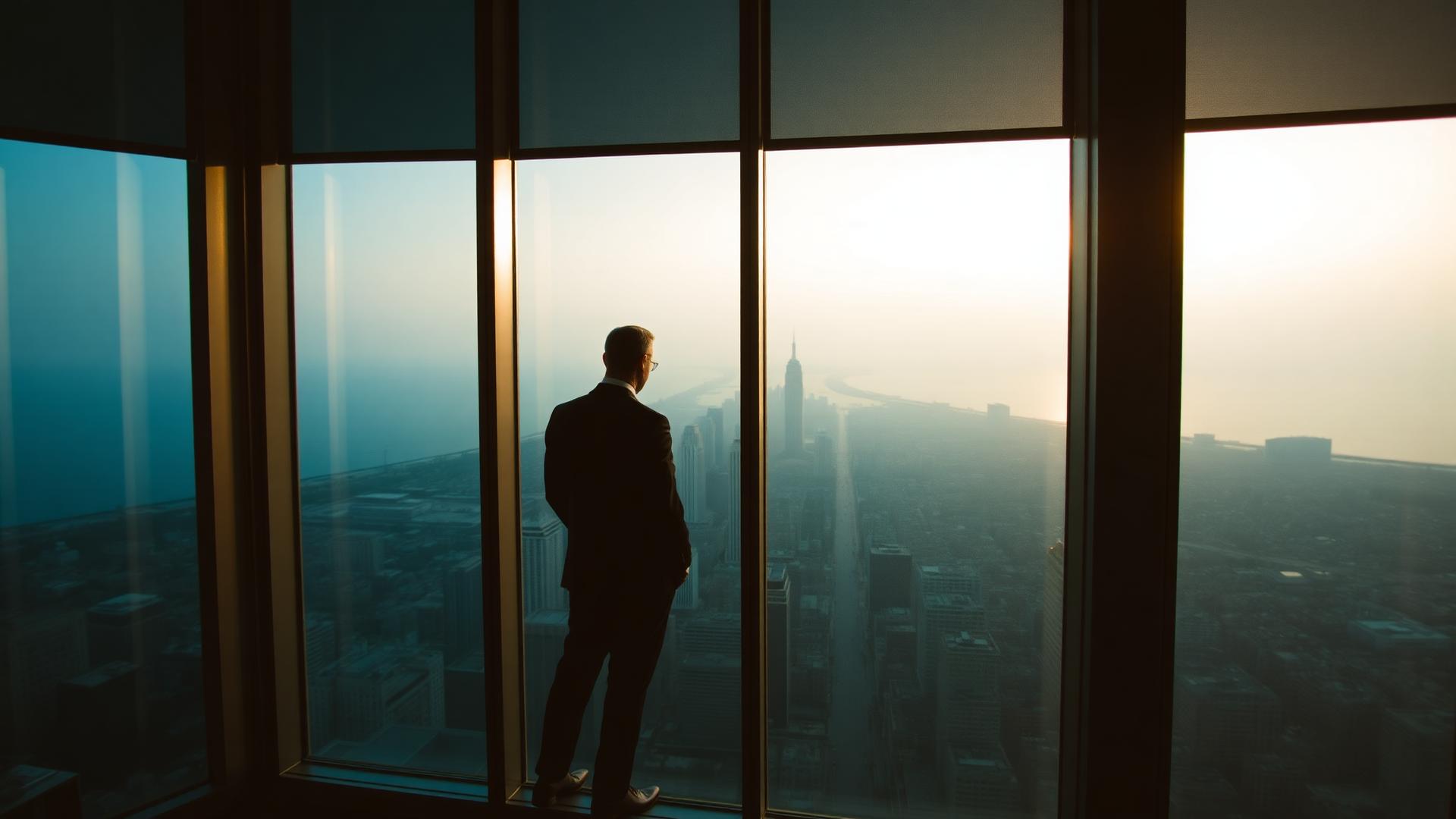 Executive overlooking a global skyline at dawn
